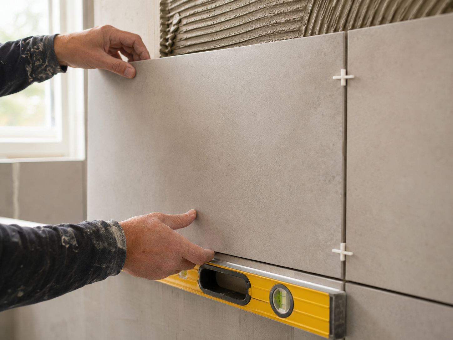 Careful placement of a large-format wall tile